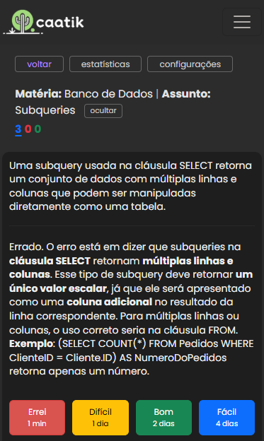 Estudo de flashcards em modo escuro