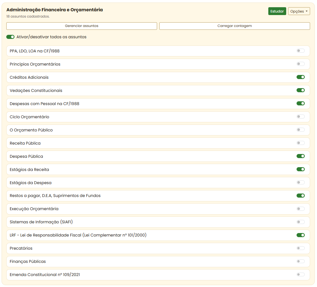 Ativação de assuntos para estudar